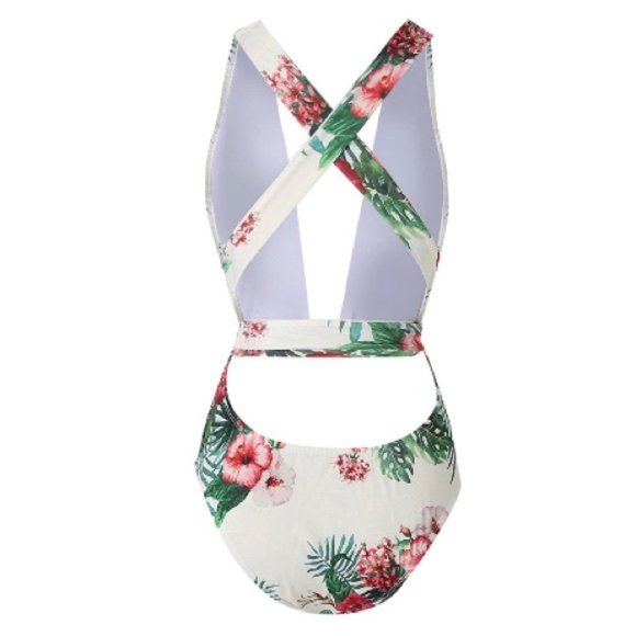 Begonia.K  Tropical Print Deep V-Neck Criss Cross Floral One Piece Swimsuit NEW - Picture 3 of 12